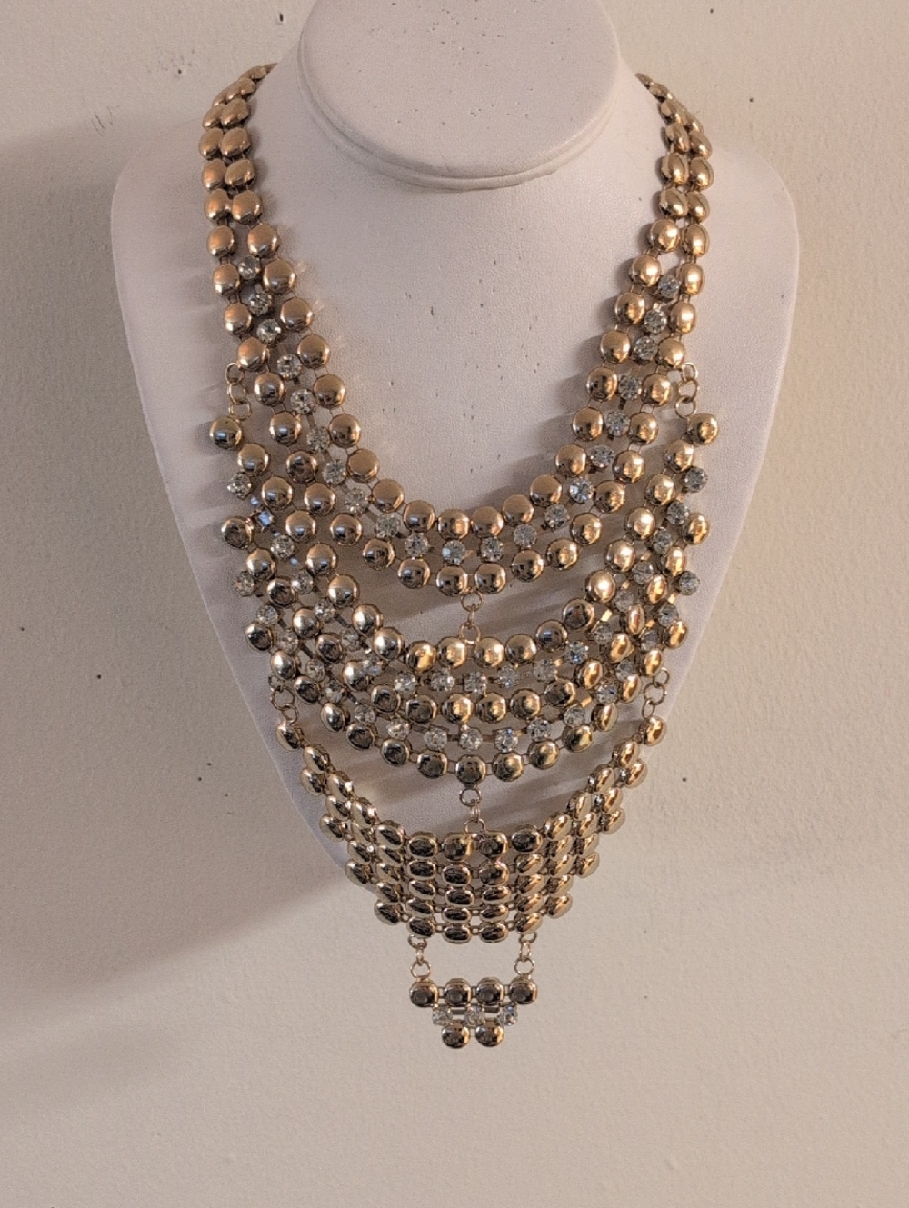 Multi-Layer Gold  Beaded Statement Necklace W Rhinestone